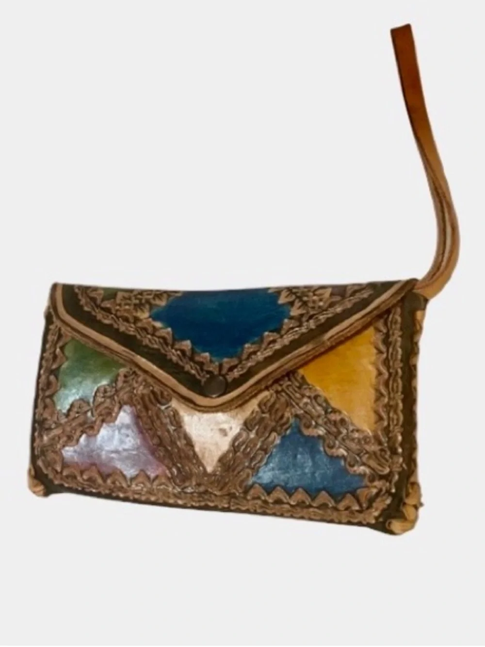 Handcrafted Multicolor Patchwork Pattern Tooled Leather Wristlet Clutch
